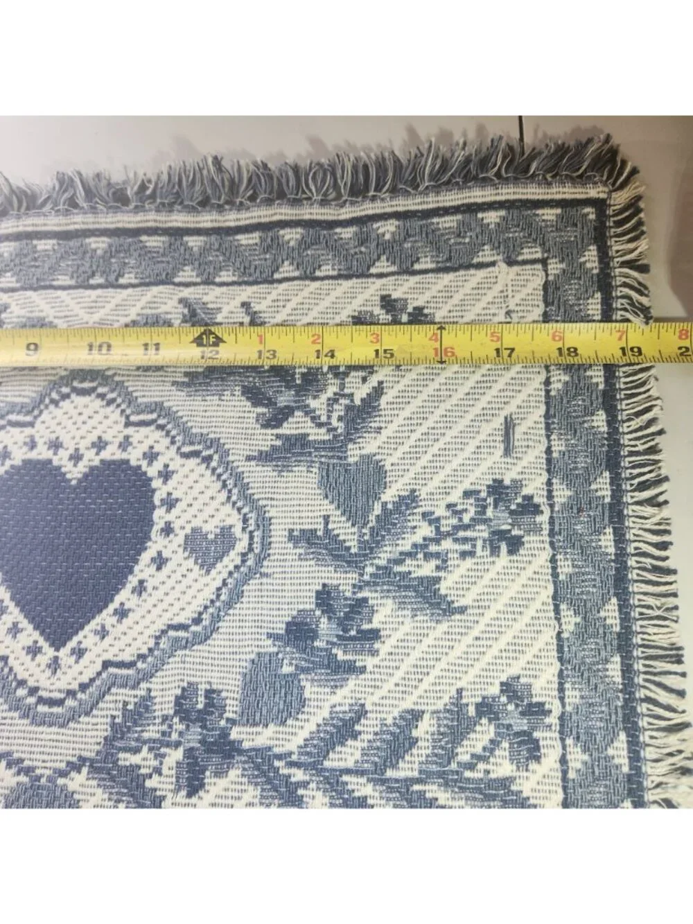 Set Of 2 placemats Blue White Heart Floral Woven Fringe cottagecore grannycore